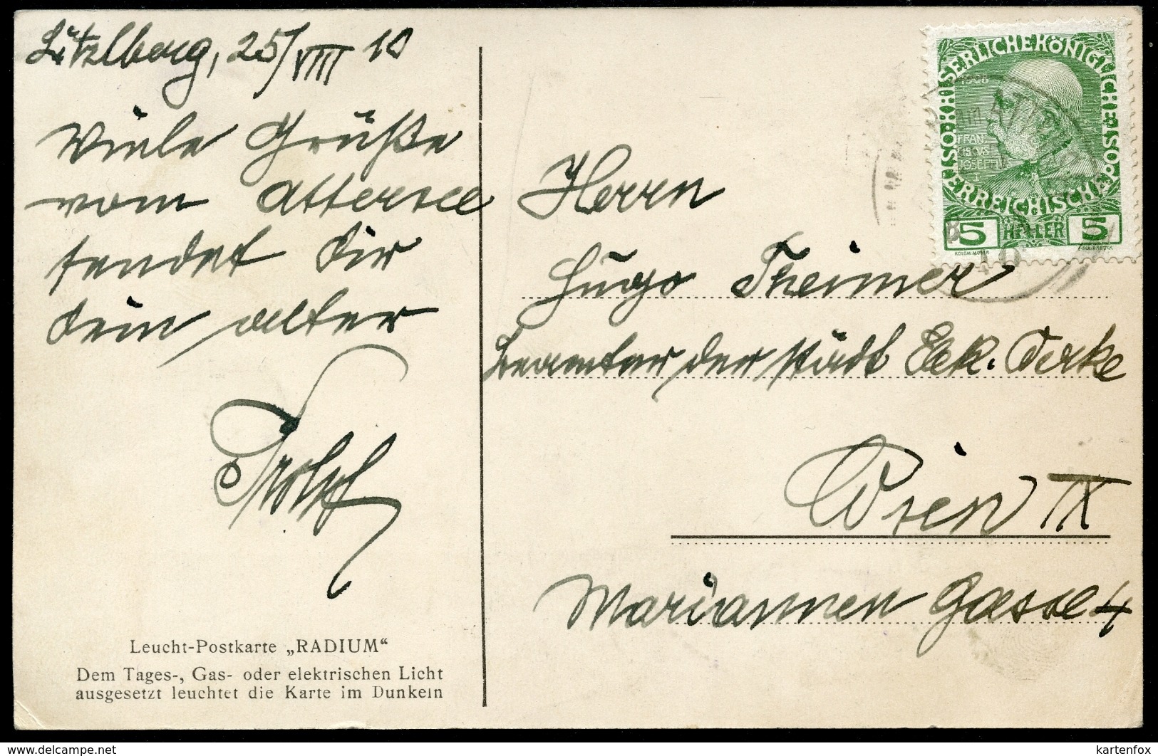 Leucht - Postkarte "RADIUM", 25.8.1910, Von Litzlberg (Seewalchen) Nach Wien Elektrizitätswerke - Sonstige & Ohne Zuordnung