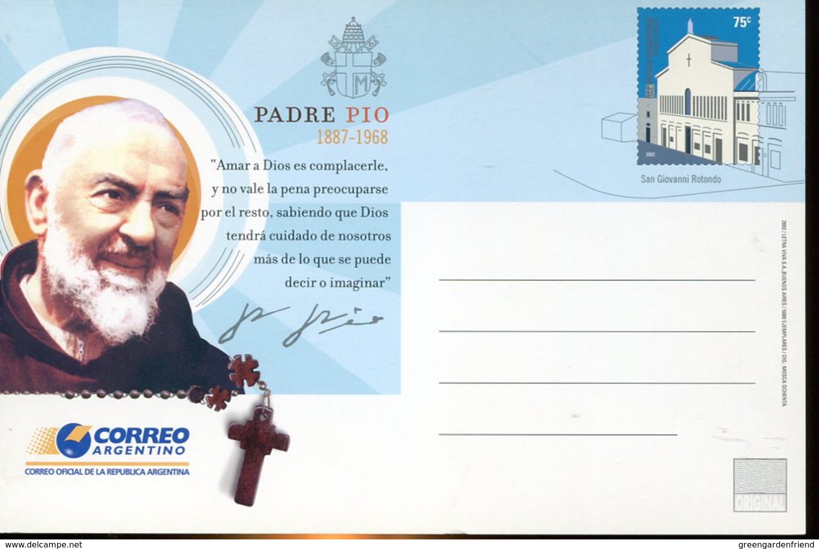19147 Argentina, Stationery Card 75c. 2002 Padre Pio  Pater Pius - Christianity