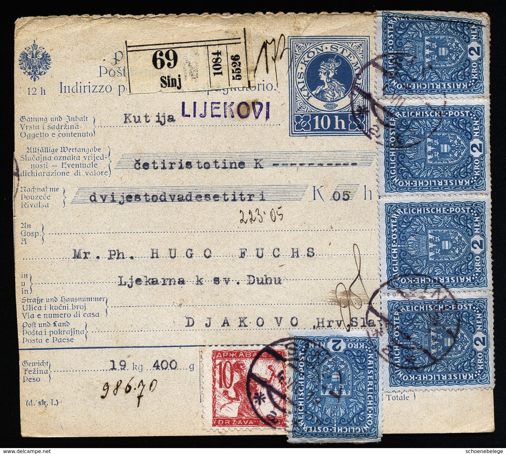 A4537) Slovenia Austria Yugoslavia Wertpaketkarte Von Sinj 4.7.19 MiF Mixed Franking - Slowenien