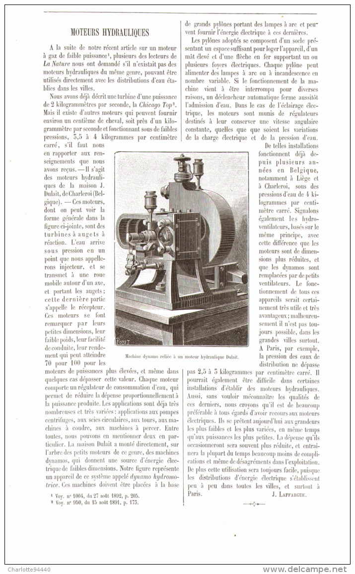 MOTEURS HYDRAULIQUES 1892 - Otros & Sin Clasificación