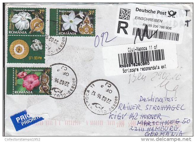 56537- FLOWERS, CLOCKS, STAMP ON REGISTERED COVER, 2016, ROMANIA - Brieven En Documenten