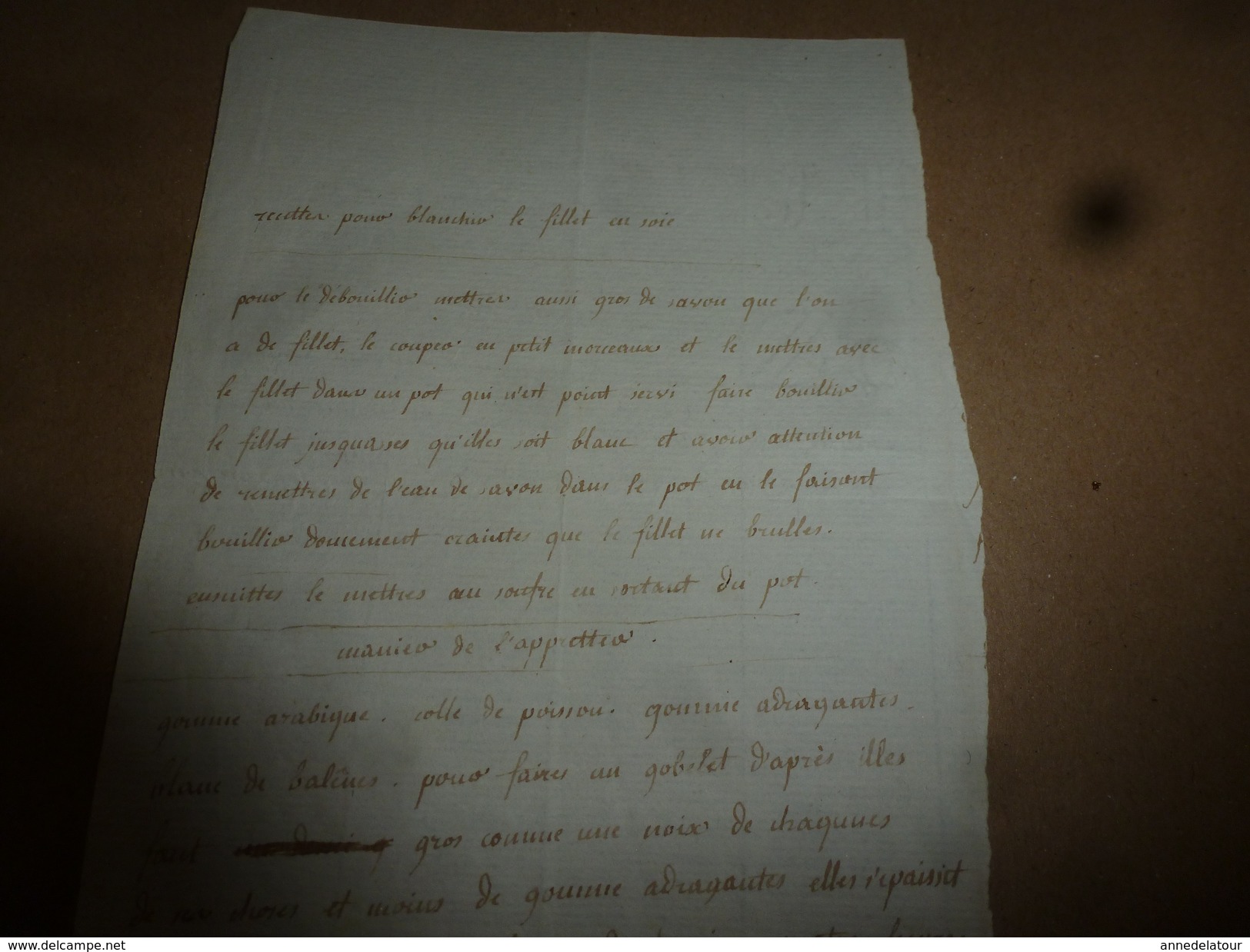 Années 1800 : RECETTE Pour Blanchir Et Débrouiller Le FILLET DE SOIE  (filet De Soie) - Manuscripts