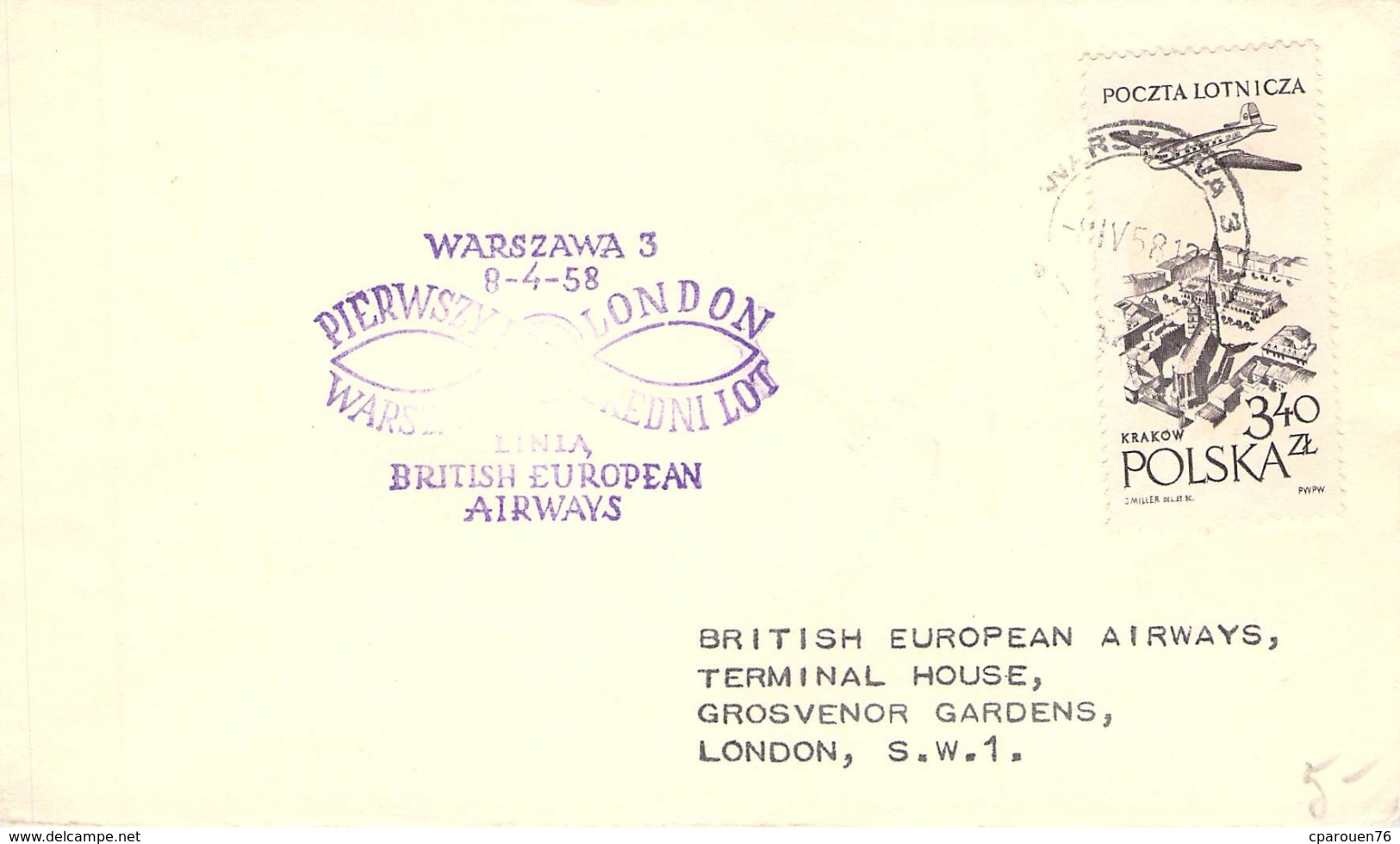 Lettre Timbrèe Oblitération Poste Aérienne Polska Pologne Varsovie Londres 1958 - Aviones