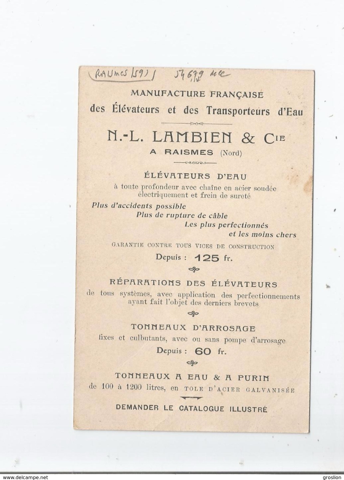 RAISMES (NORD) MANUFACTURE FRANCAISE DES ELEVATEURS ET DES TRANSPORTEURS D'EAU N L LAMBIEN ET CIE - Raismes