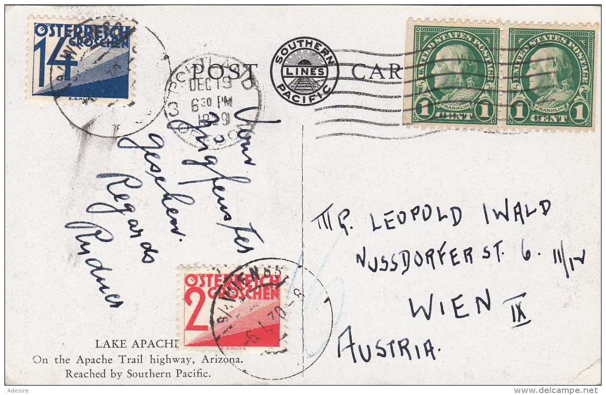 Österreich NACHPORTO 1929 - 2 + 14 Gro + 2x1 C Auf Ak Künstlerkarte LAKE APACHE ARIZONA, Stempel Portland - Portomarken