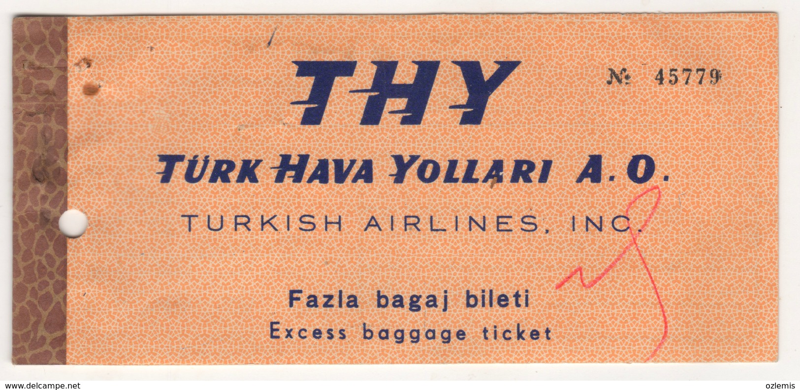 TURQUIE,TURKEI,TURKEY,TURKISH AIRLINES 1962 EXCESS BAGGAGE TICKET  VERY RARE - Tickets