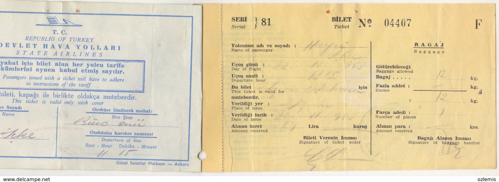 TURQUIE,TURKEI,TURKEY,TURKISH STATE AIRLINES 1953  OLD PASSANGERS TICKET VERY RARE - Biglietti