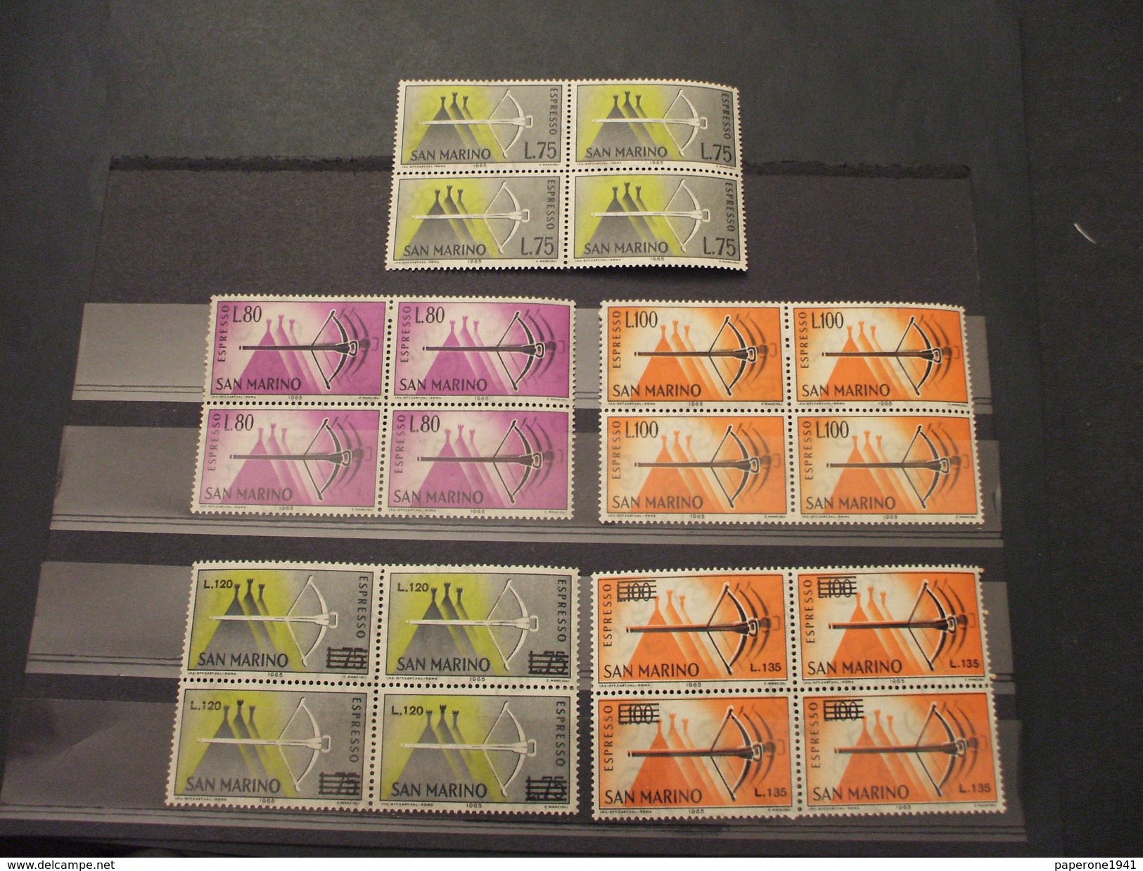 SAN MARINO - ESPRESSI - 1965/6 BALESTRA 5 VALORI., In Quartinea(blocks Of Four) - NUOVI(++) - Express Letter Stamps