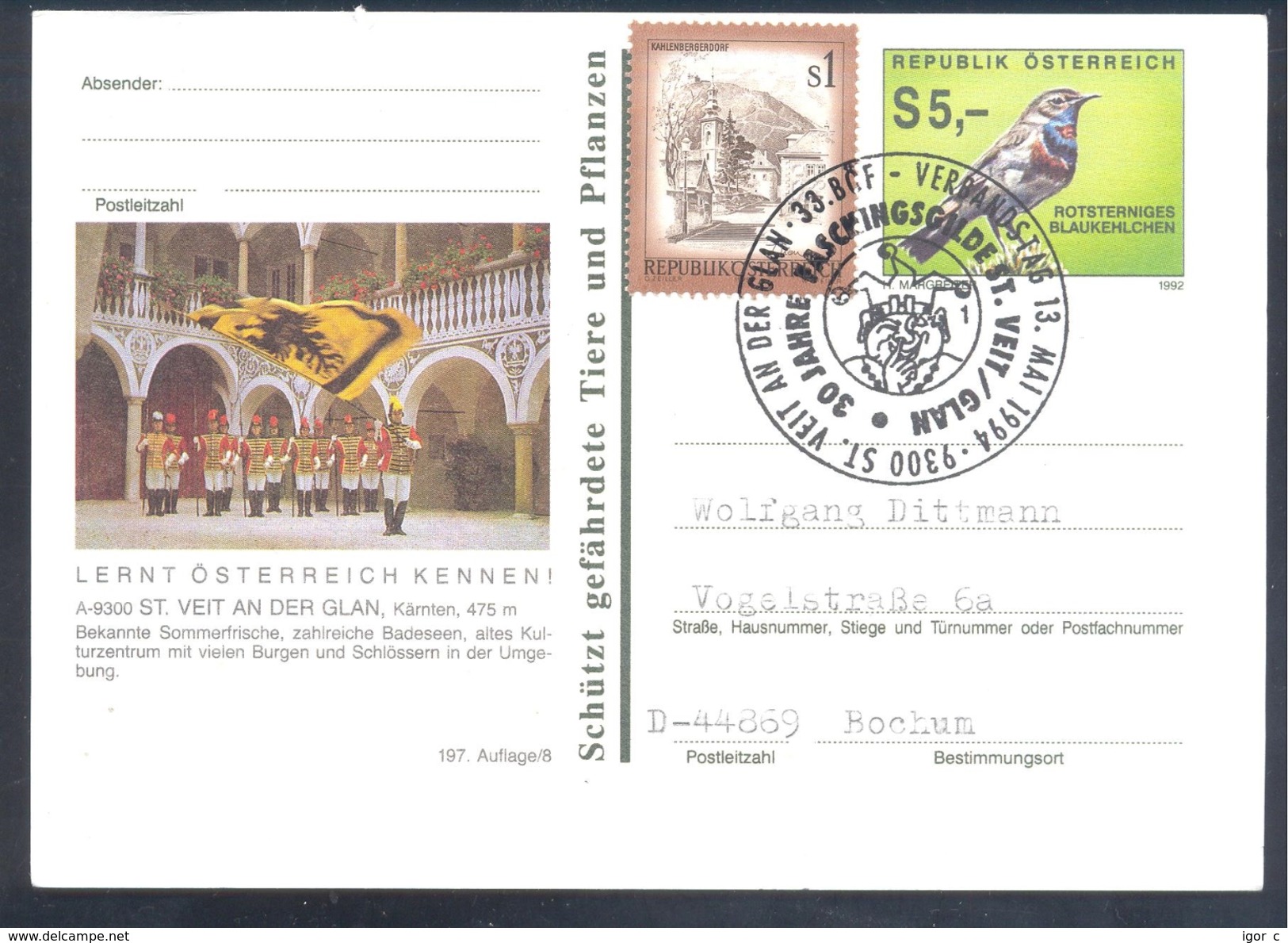 Austria 1994 Postal Stationery Card Fauna  Protected Animals Oberwart; Fasching Carnival Masks St.Veit An Der Glan - Karnaval