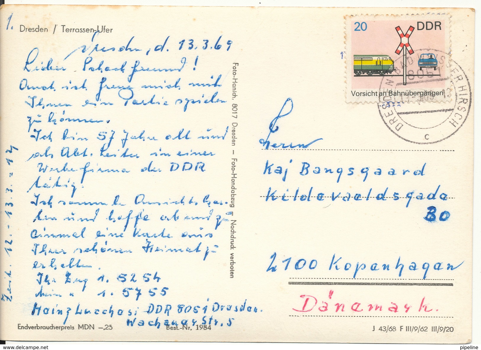Germany DDR Postcard Dresden Terrassen-Ufer Sent To Denmark Dresden 13-3-1969 - Dresden