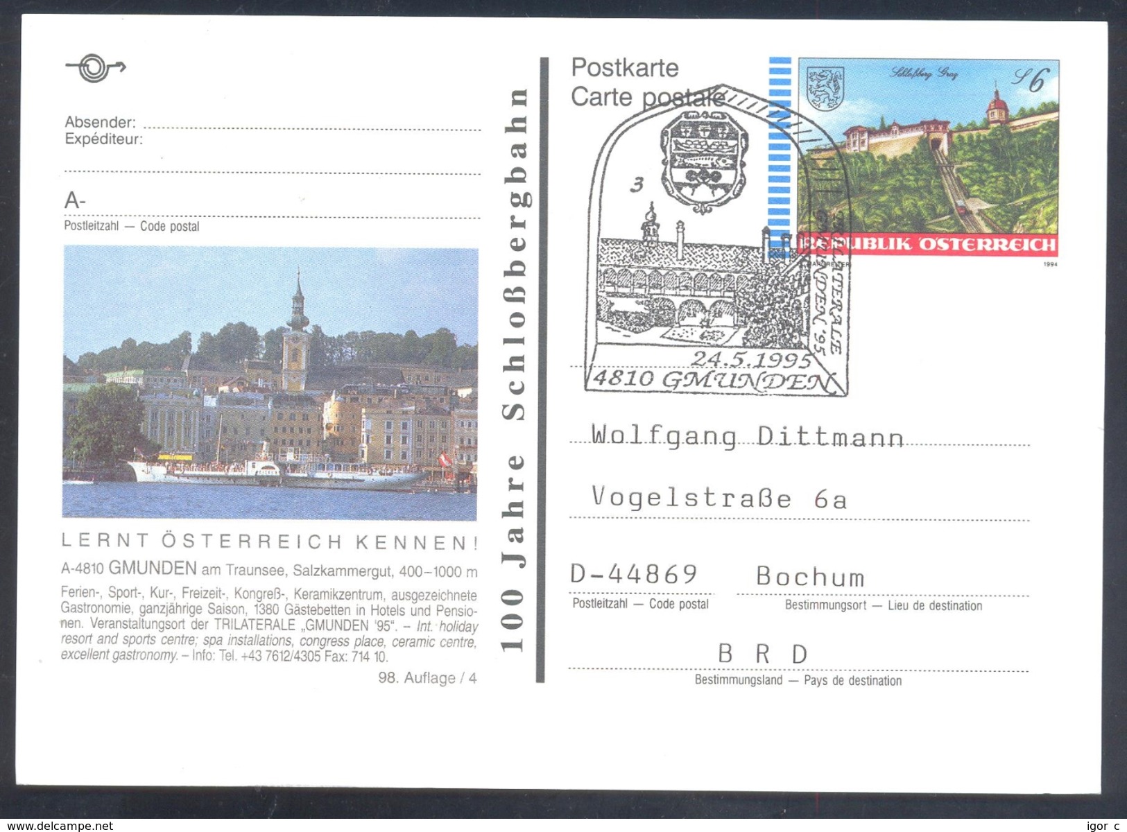 Austria 1995 Postal Stationery: Gmunden Coat Of Arms Fisch; Trilaterale Architecture Castle Schloss, Church Kirche - Castles