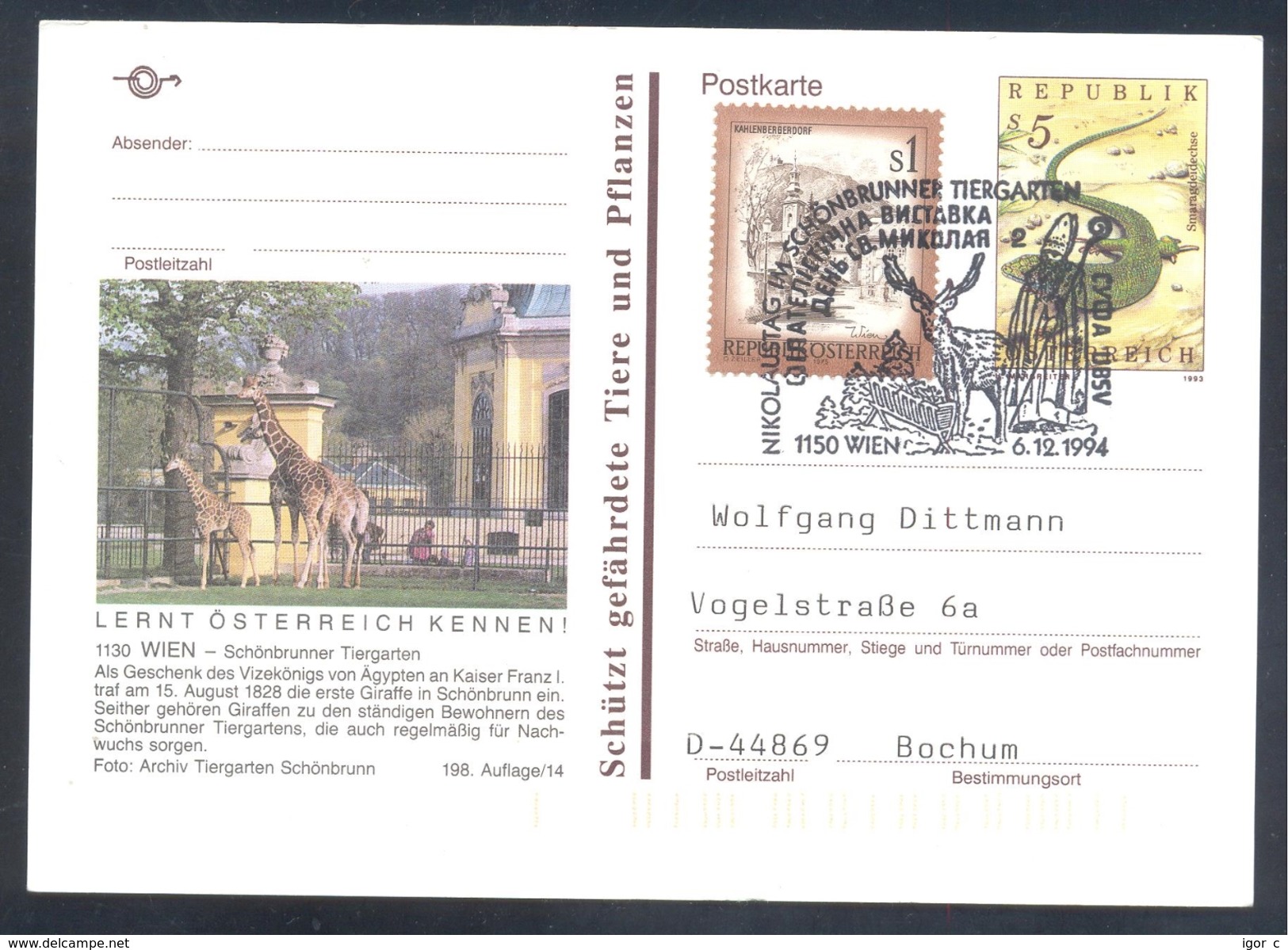 Austria 1995 Postal Stationery: Fauna Western Green Lizard (Lacerta Bilineata) Hirsch Deer Girefe Giraffe Scönbrunn Wien - Sonstige & Ohne Zuordnung