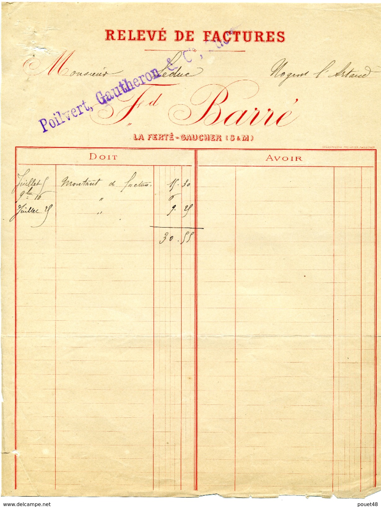 2 Factures : F. BARRE - Brosserie Et Coutellerie - La Ferté Gaucher. - Droguerie & Parfumerie