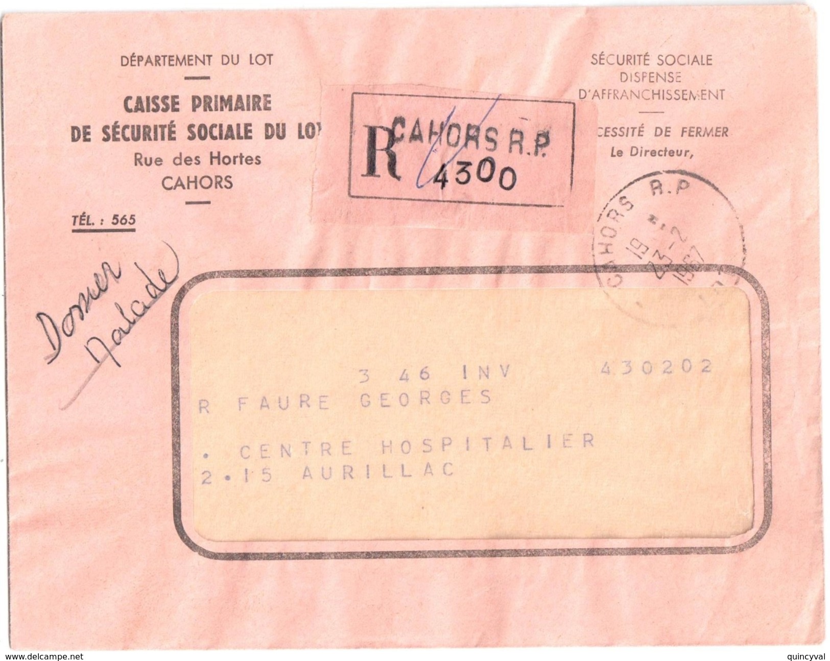 3823 CAHORS Lettre Recommandée Franchise Caisse Primaire Sécurité Ob 23 2 1967 - Brieven En Documenten