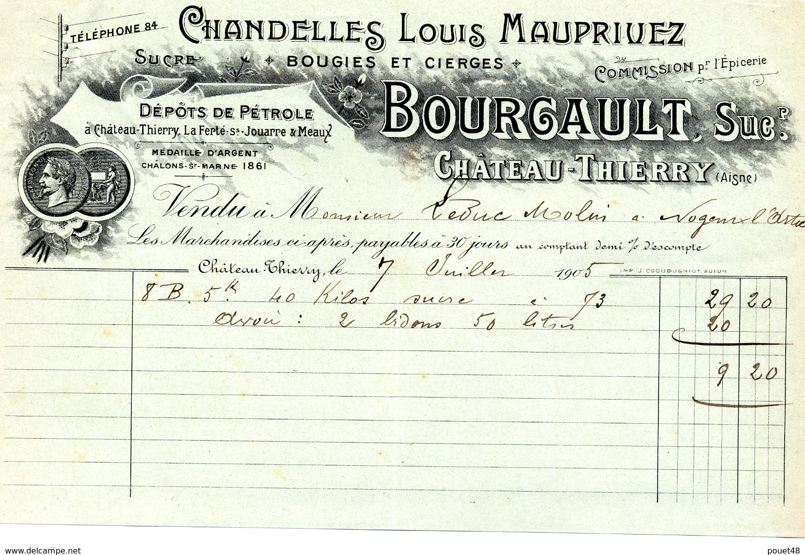 Facture : Chandelles Louis MAUPRIVEZ: Bougies & Cierges - Bourgault Successeur - Château Thierry. - Droguerie & Parfumerie