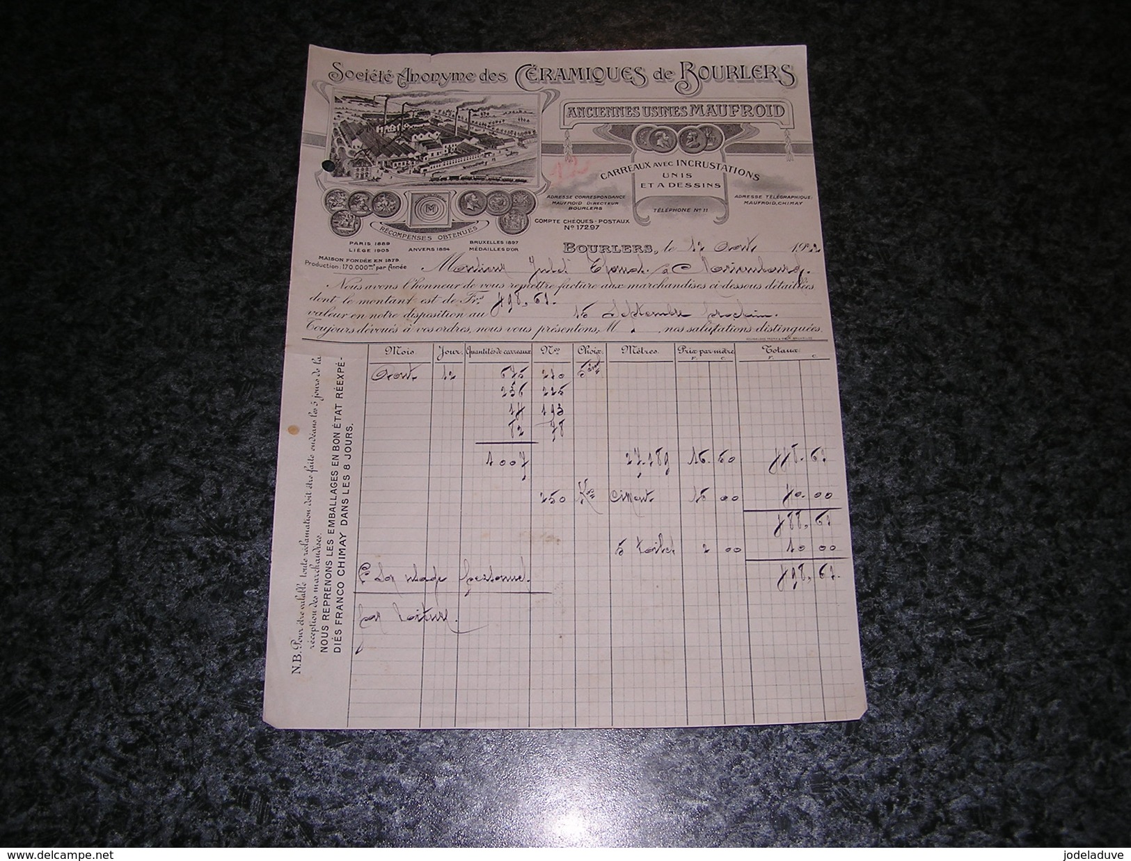 SOCIETE ANONYME DES CERAMIQUES DE BOURLERS ( Chimay ) Anciennes Usines Maufroid Facture Carrelages Année 1922 - Ambachten