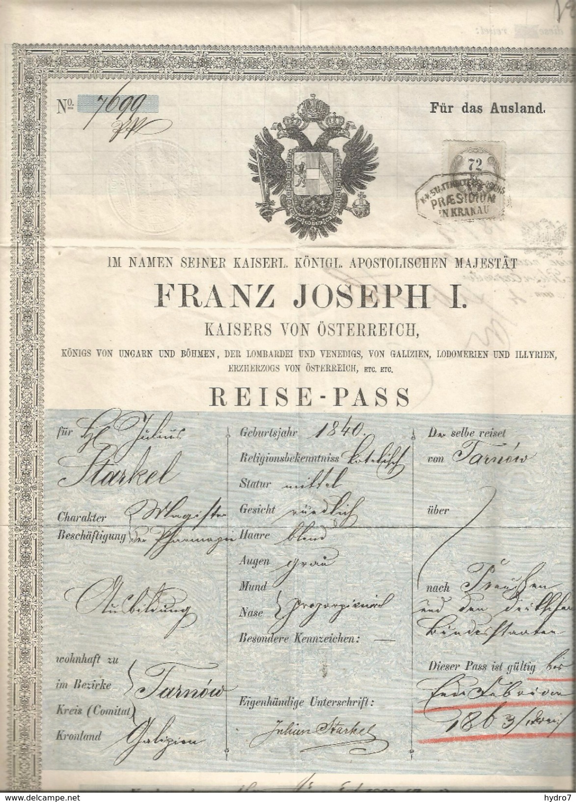 Austria-Hungary Österreich Poland 1862 Krakow Krakau 2 Sheets!  Passport  Reisepass Visa  Border Stamp Revenue 72 Kr. - Historische Documenten