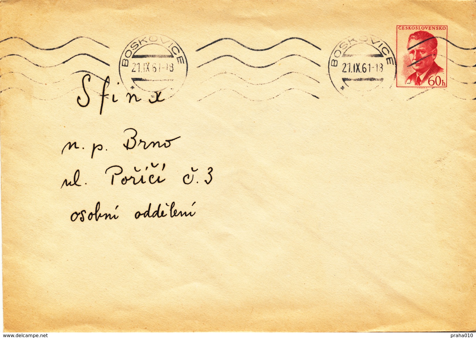 L3477 - Czechoslovakia (1961) Boskovice (Postal Stationery: President Antonin Novotny (1904-1975)), Machine Postmark - Sobres