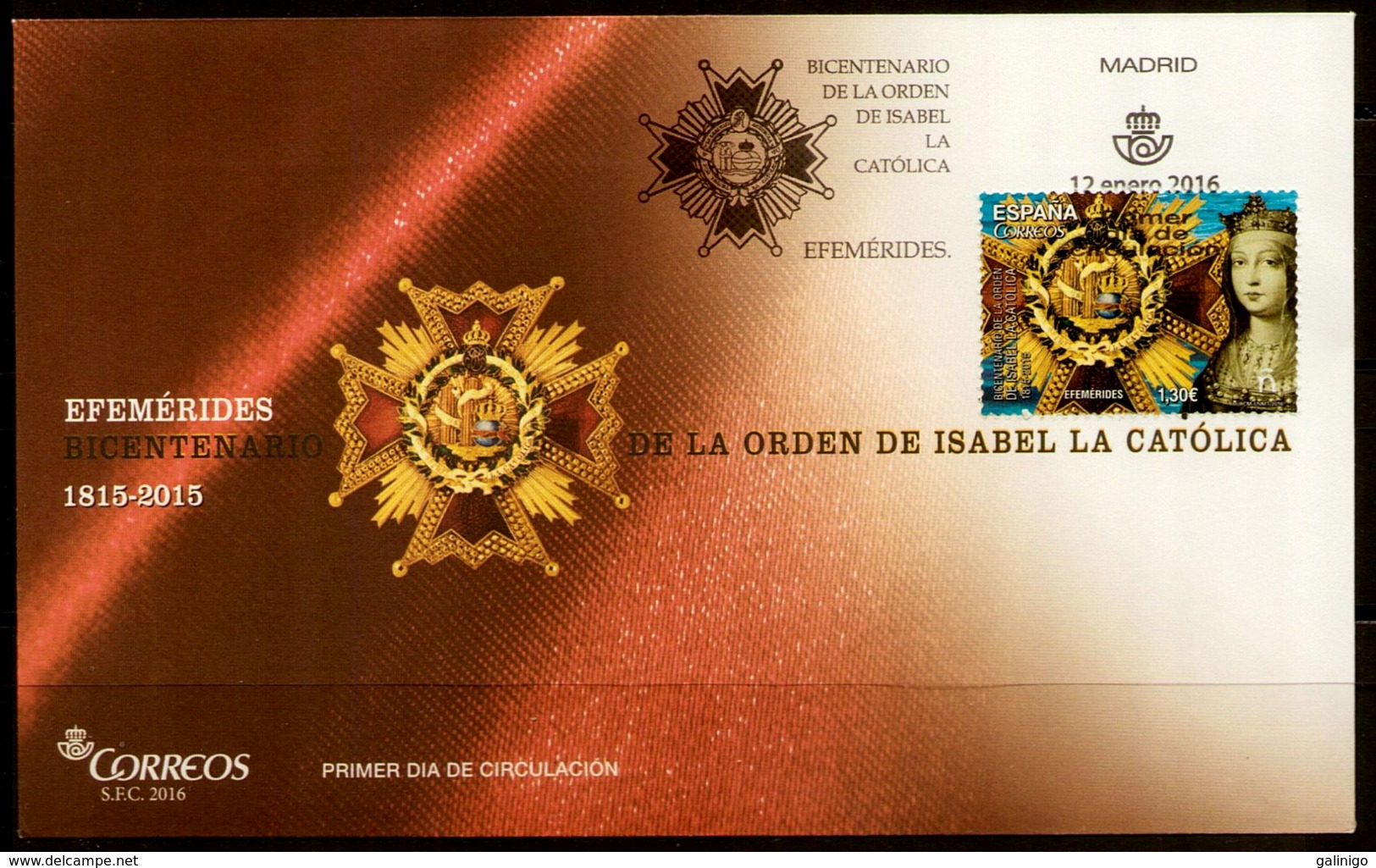 2016 SPAIN ESPAGNE ESPAÑA FDC  ORDEN ISABEL LA CATOLICA Order Of Isabella The Catholic - FDC