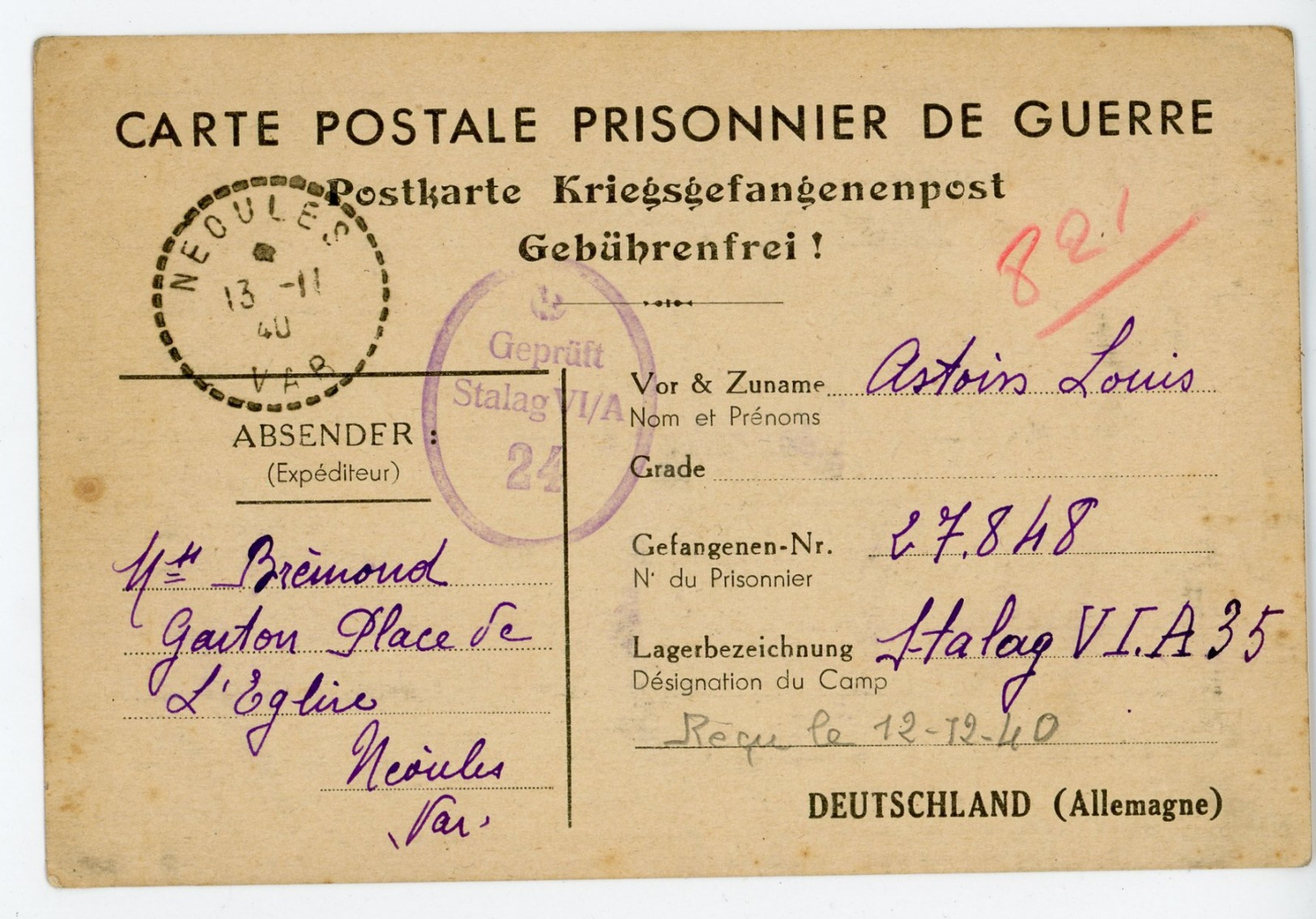 PRISONNIER GUERRE CPFM UN DES PREMIER MODELE 1940 NEOULES VAR => STALAG VI A HEMER ISERLOHN (MUNSTER) ALLEMAGNE - 1921-1960: Moderne