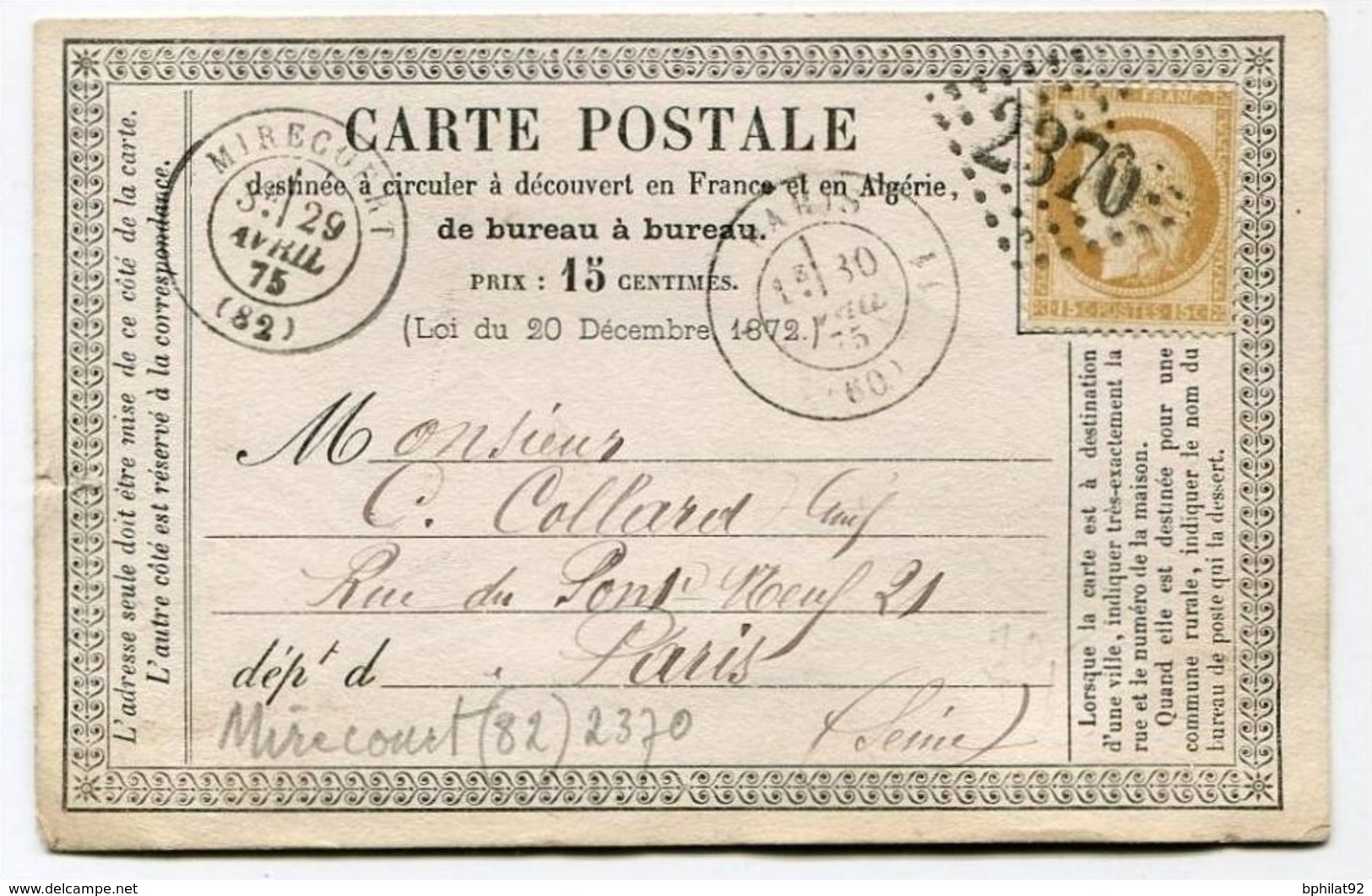 !!! CARTE PRECURSEUR CERES CACHET DE MIRECOURT ( VOSGES ) 1875 - Cartes Précurseurs