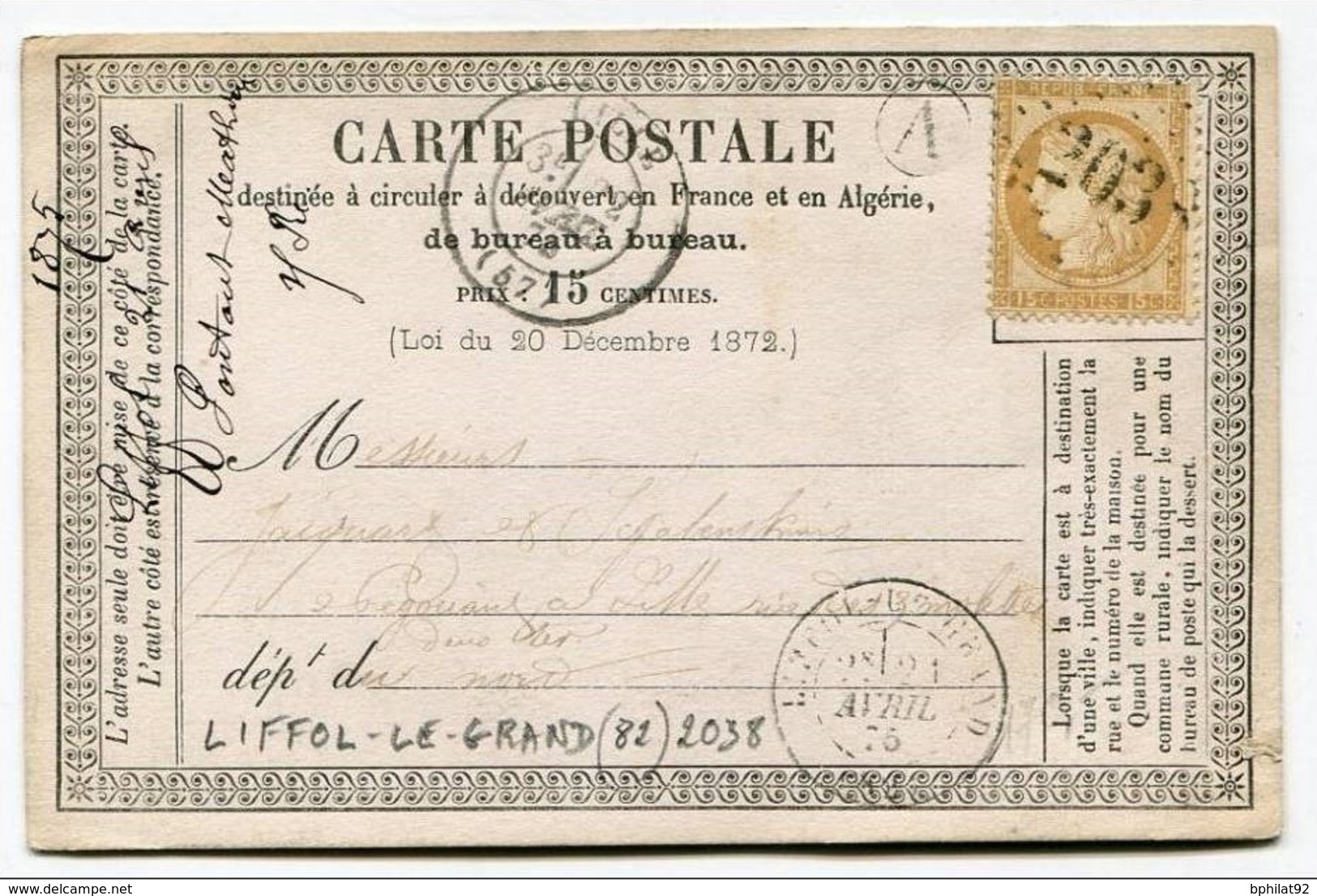 !!! CARTE PRECURSEUR CERES CACHET DE LIFFOL LE GRAND ( VOSGES ) 1875 - Cartes Précurseurs