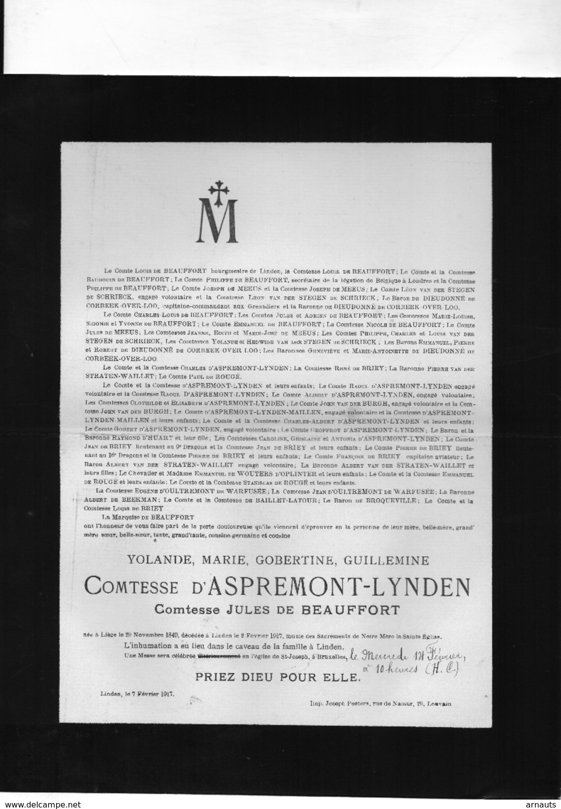 D'Aspremont-Lynden Comtes De Beauffort °1849 Liège +1917 Linden Lubbeek Meeus De Dieudonné De Corbeek-over-Lo T'Serclaes - Obituary Notices