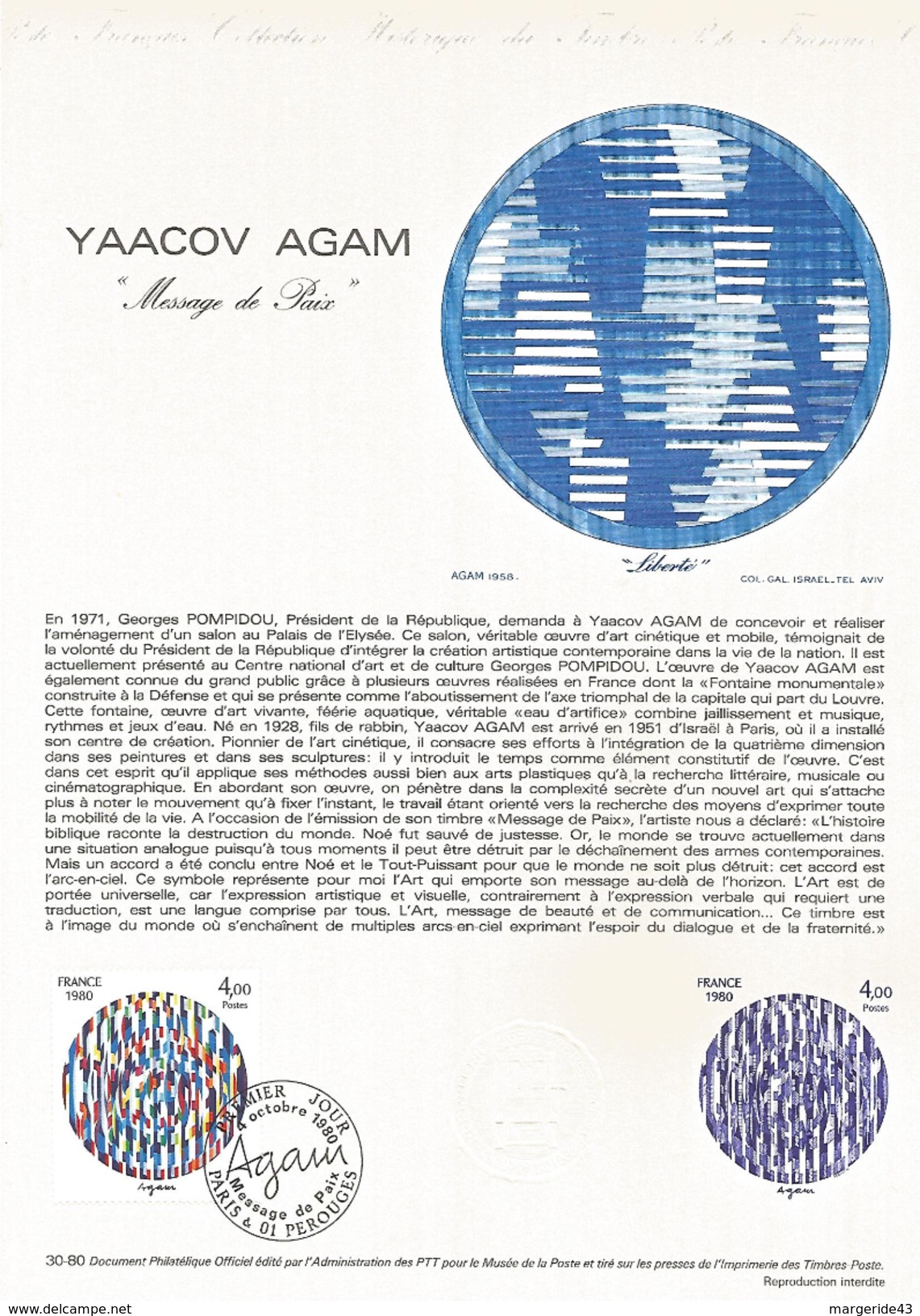 DOCUMENT 1980 MESSAGE DE PAIX DE AGAM - Documents Of Postal Services