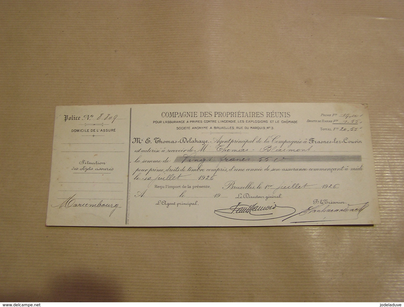 RECU Cie Propriétaires Réunis Assurance Frasnes Lez Couvin 1926 10c Cachet à Timbrer à L' Extraordinaire Marcophilie - Banque & Assurance