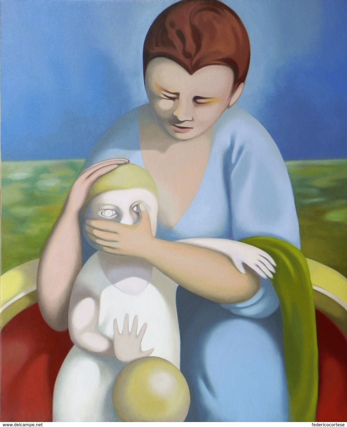 DIPINTO AD OLIO SU TELA. Madre Con Bambino. Oil Painting, Canvas. 50 X 60 Cm, 2009. Certificato Di Autenticità Incluso. - Huiles