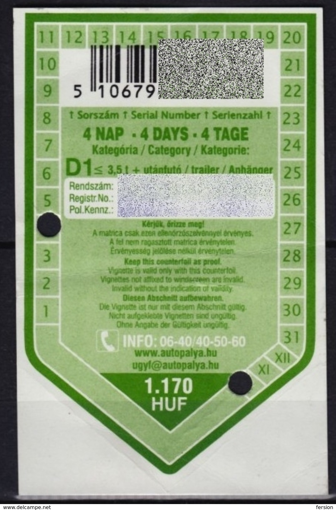 2007 Hungary Self Adhesive Vignette - Only BACK SIDE!!! / Road Tax TOLL PAYMENT Car Motorway - 4 Days - USED - Altri & Non Classificati