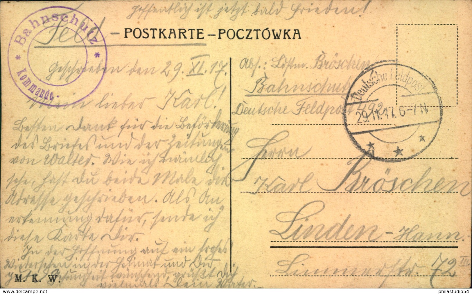 1917,Warschau, Krakauer Vorstadt, Mickiewic's Denkmal, Als Deutsche Feldpost Gel., Stempel Bahnschutz *Kommando*, Straße - Pologne