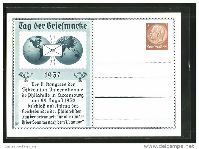 CPA Entier Postal, Tag Der Briefmarke 1937, Reichsbund Der Philatelisten - Briefmarken (Abbildungen)