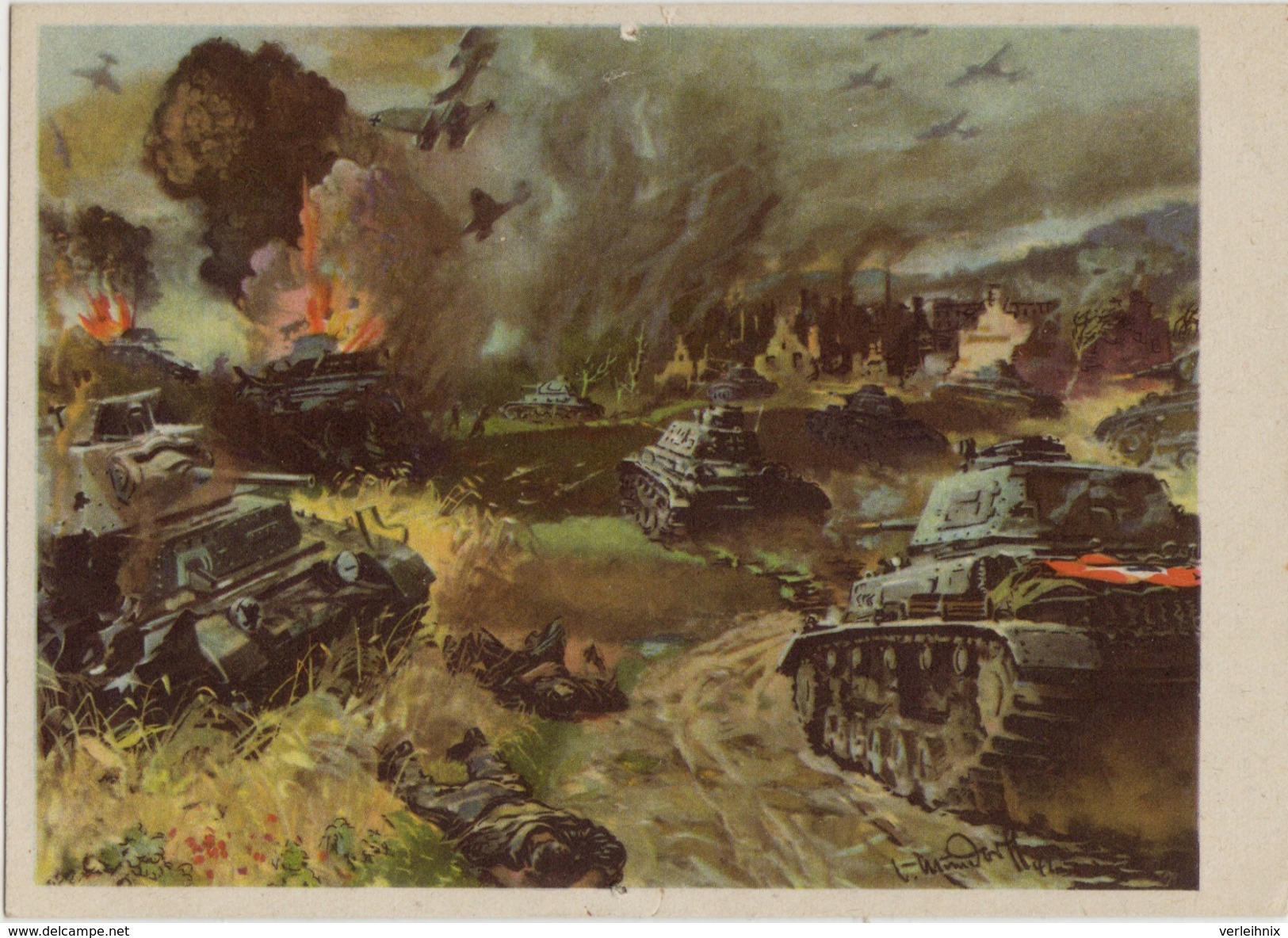 Postkarte Panzer Und Stuka Im Angriff Nach Einem Original Von V. Mundorff - 1939-45