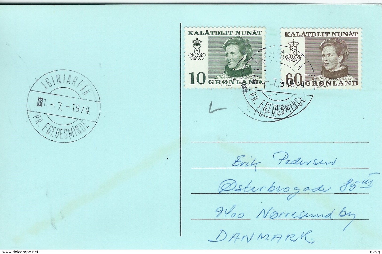 Greenland - Postmark   Iginarfik  Pr. Egedesminde  1-7 1974   H-1068 - Marcofilia