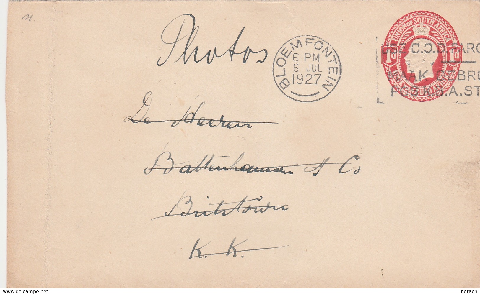 Afrique Du Sud Entier Postal Bloemfontein 1927 - Covers & Documents