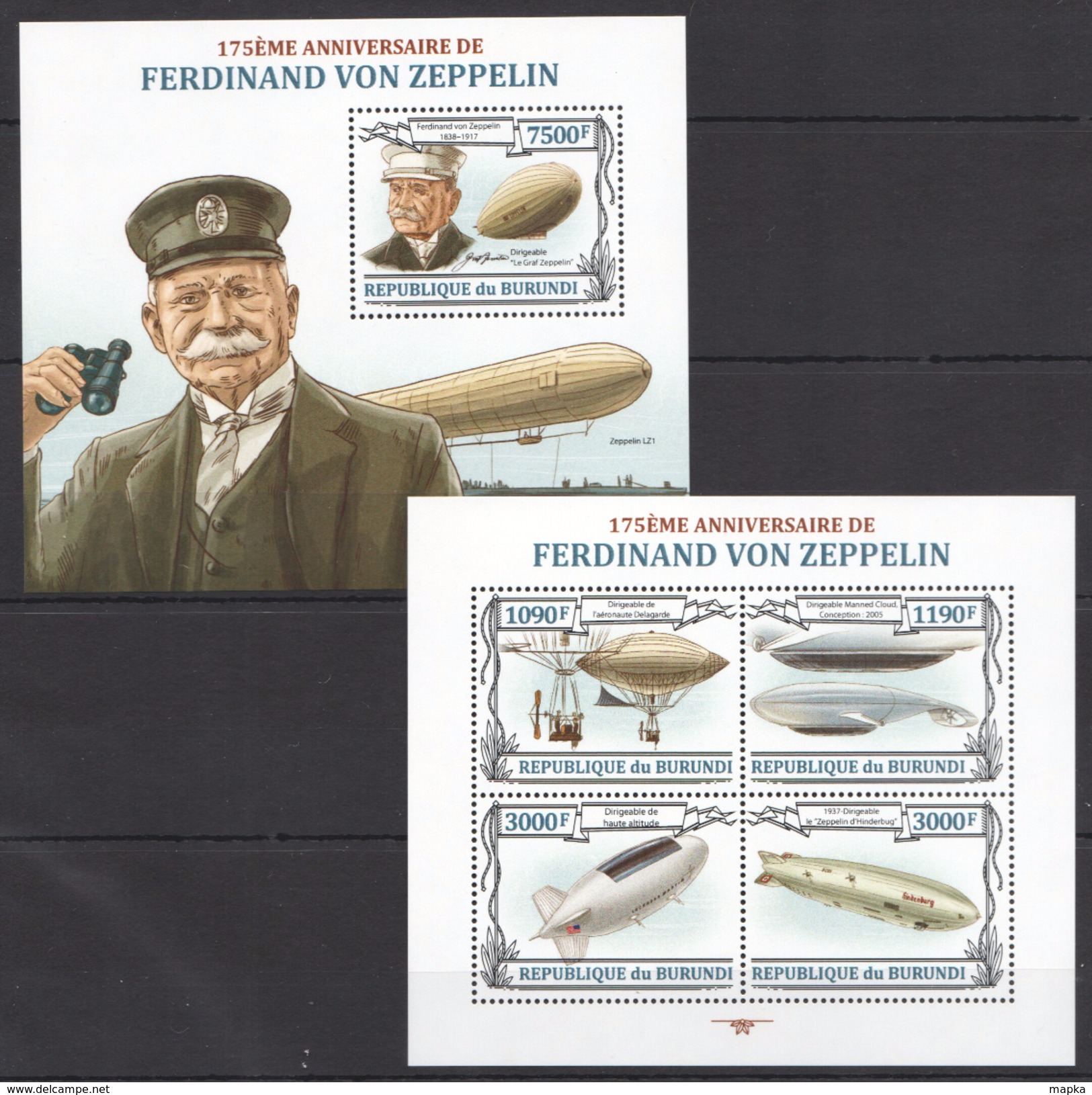 F21 BURUNDI TRANSPORTATION AVIATION FERDINAND VON ZEPPELIN 1KB+1BL MNH - Zeppelins