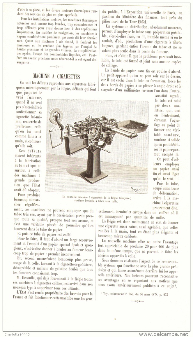 MACHINE A CIGARETTES De La REGIE FRANCAISE Systéme DECOUFLE A Tubes Sans Colle 1889 - Documenten