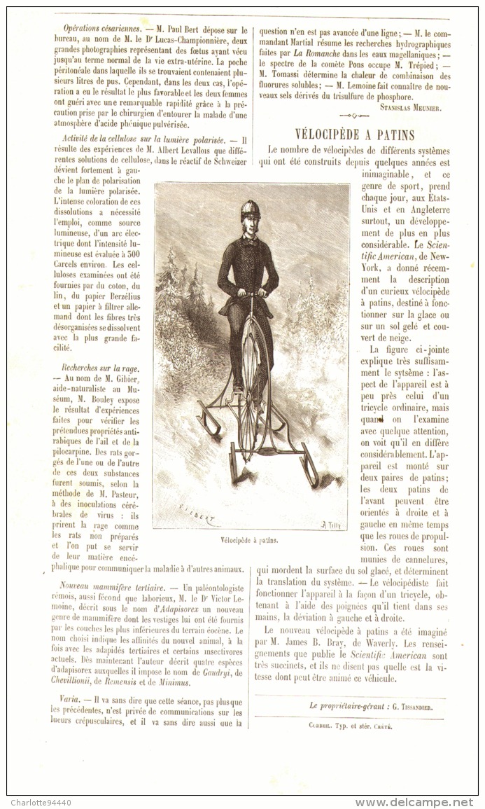 LE  VELOCIPEDE à PATINS  1884 - Other & Unclassified