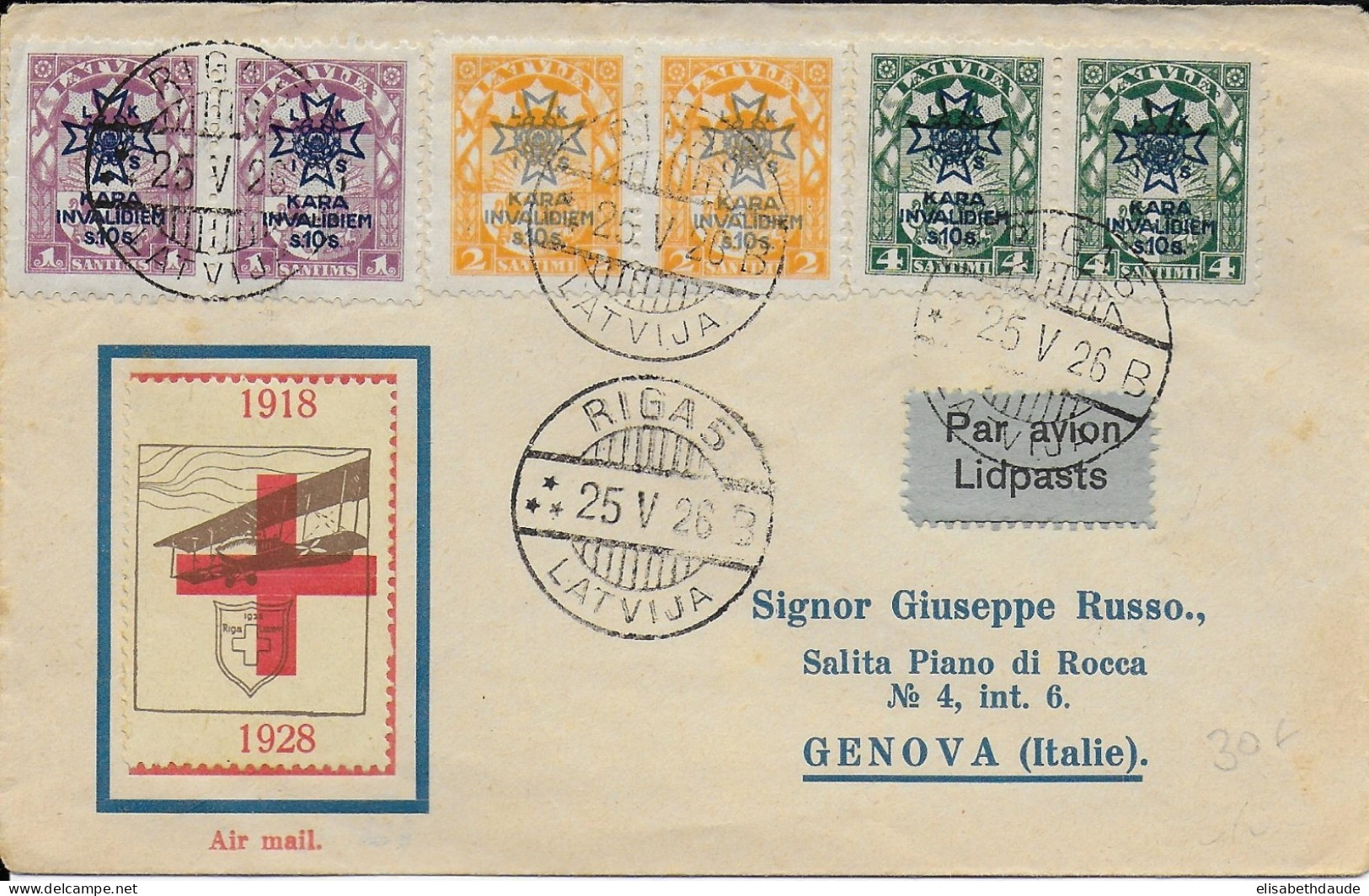 LETTONIE - POSTE AERIENNE - 1926 - ENVELOPPE De RIGA Avec VIGNETTE AVIATION CROIX-ROUGE => GENOVA (ITALIE) - Lettland