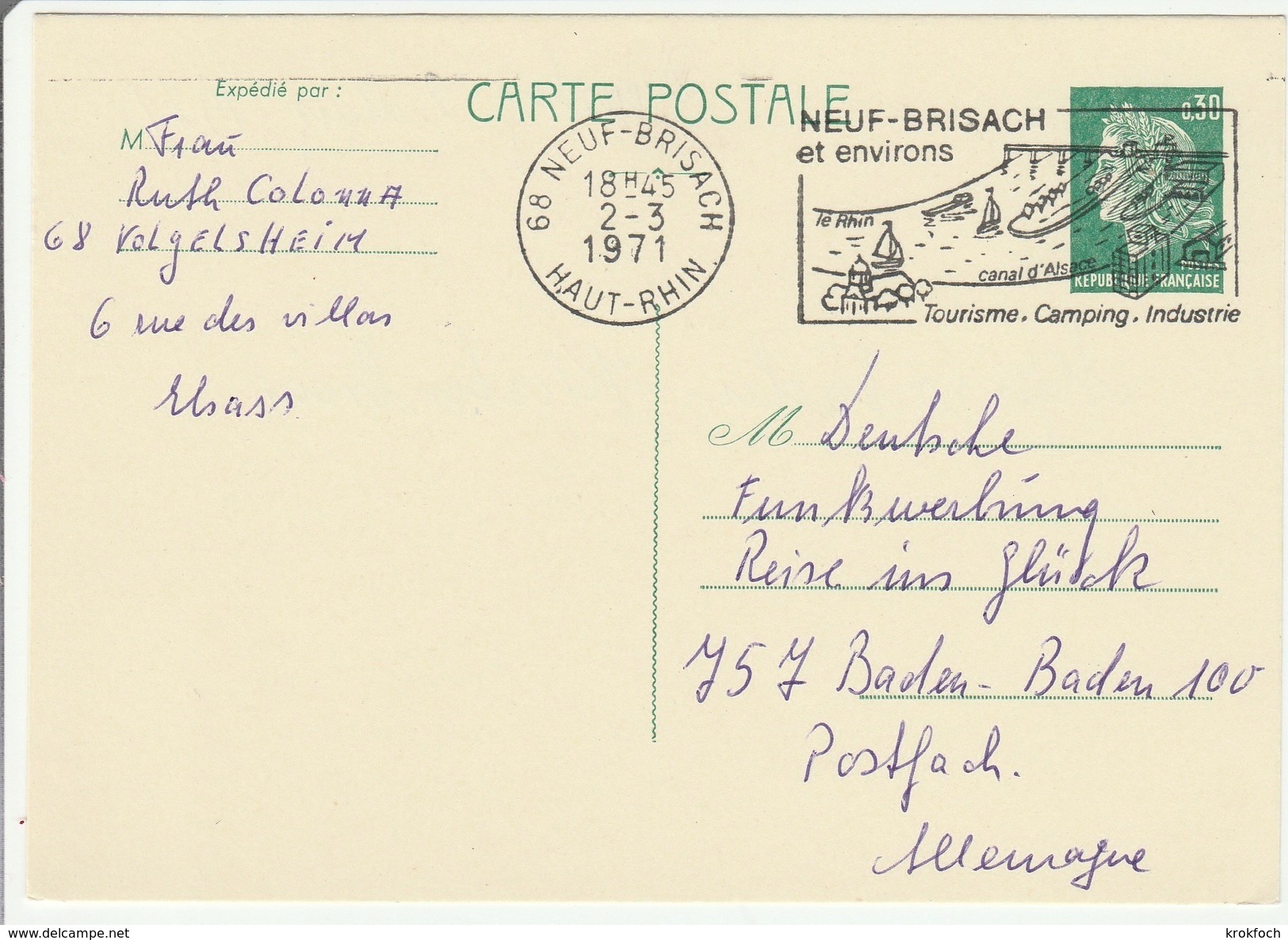 Neuf-Brisach 1971 - Flamme Canal D'Alsace Rhin Sur Carte Entier - Oblitérations Mécaniques (flammes)