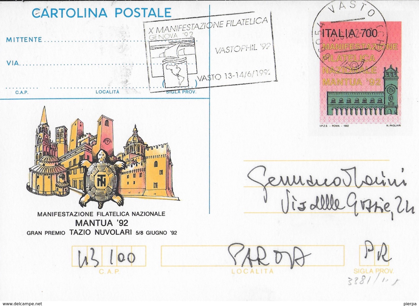 ANNULLO A TARGHETTA "MANIFESTAZIONE FILATELICA VASTOPHIL 92....." 1992 ORNAGHI 3381 SU INTERO MANTUA 92 - 1991-00: Storia Postale