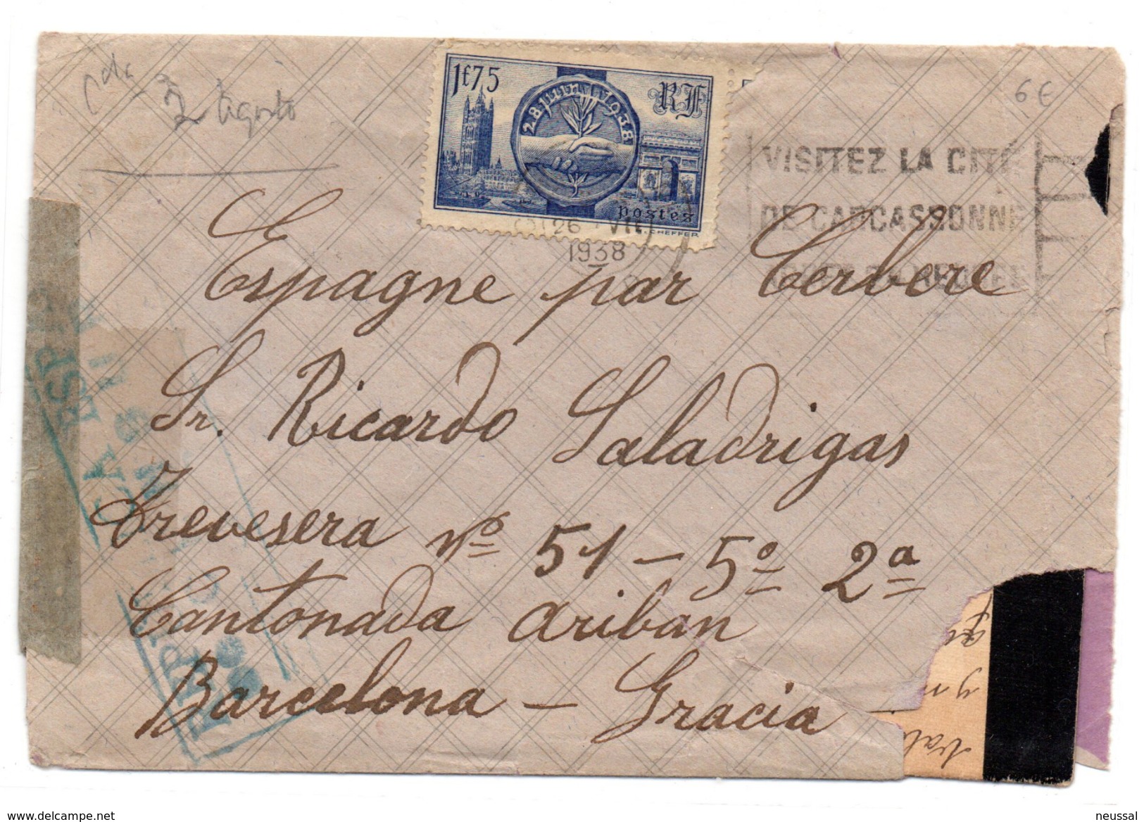Carta De Francia Con Censura Española 1938 - Cartas & Documentos