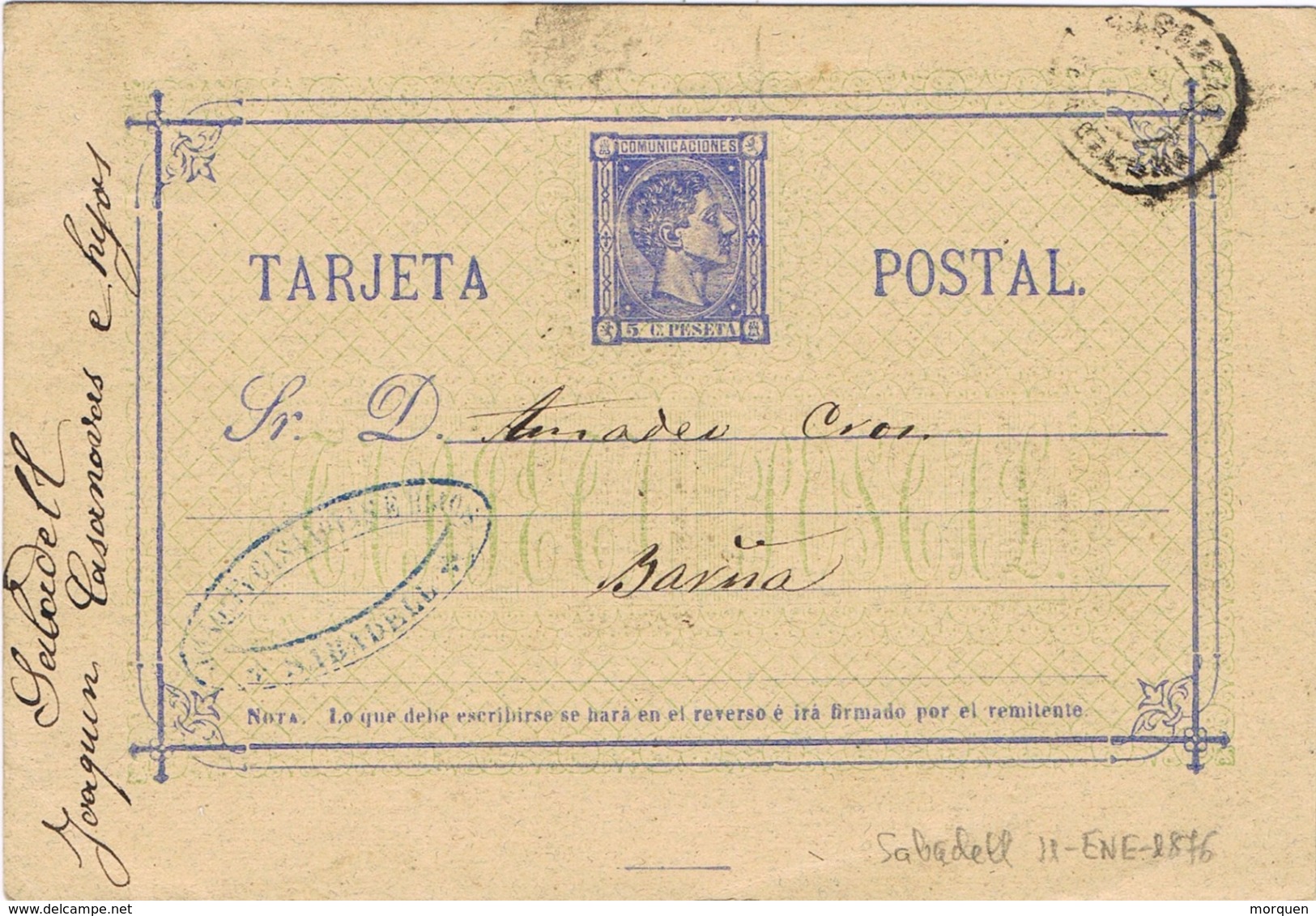 23404. Entero Postal Alfonso XII, SABADELL (Barcelona) 1876. Edifil Num 8 - 1850-1931