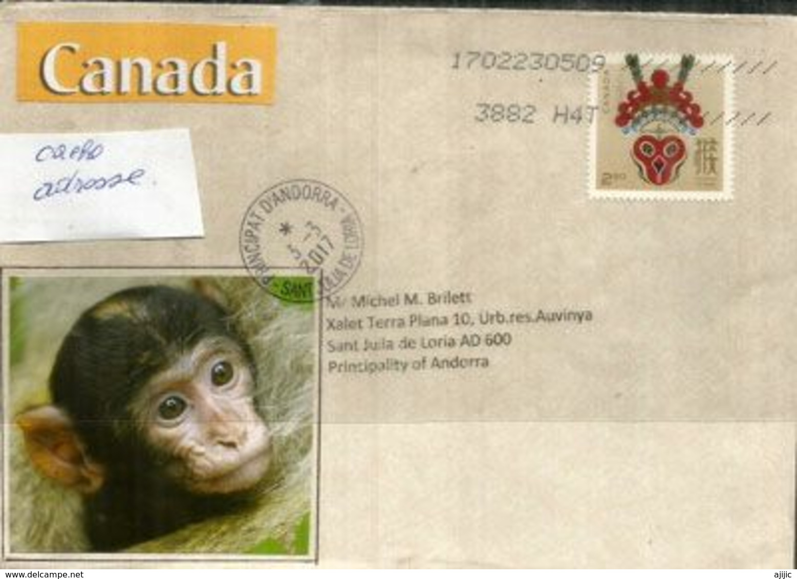 Année Du Singe, Sur Lettre CANADA Adressée ANDORRA, Avec Timbre à Date Arrivée - Nouvel An Chinois