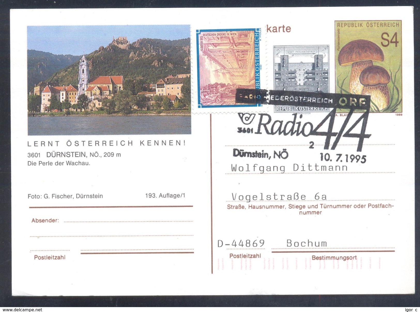 Austria 1995 Postal Stationery: DÜRNSTEIN; Flora Mushrums Pilz Champignon Fungi; Radio Televison ORF Church Kirche - Pilze