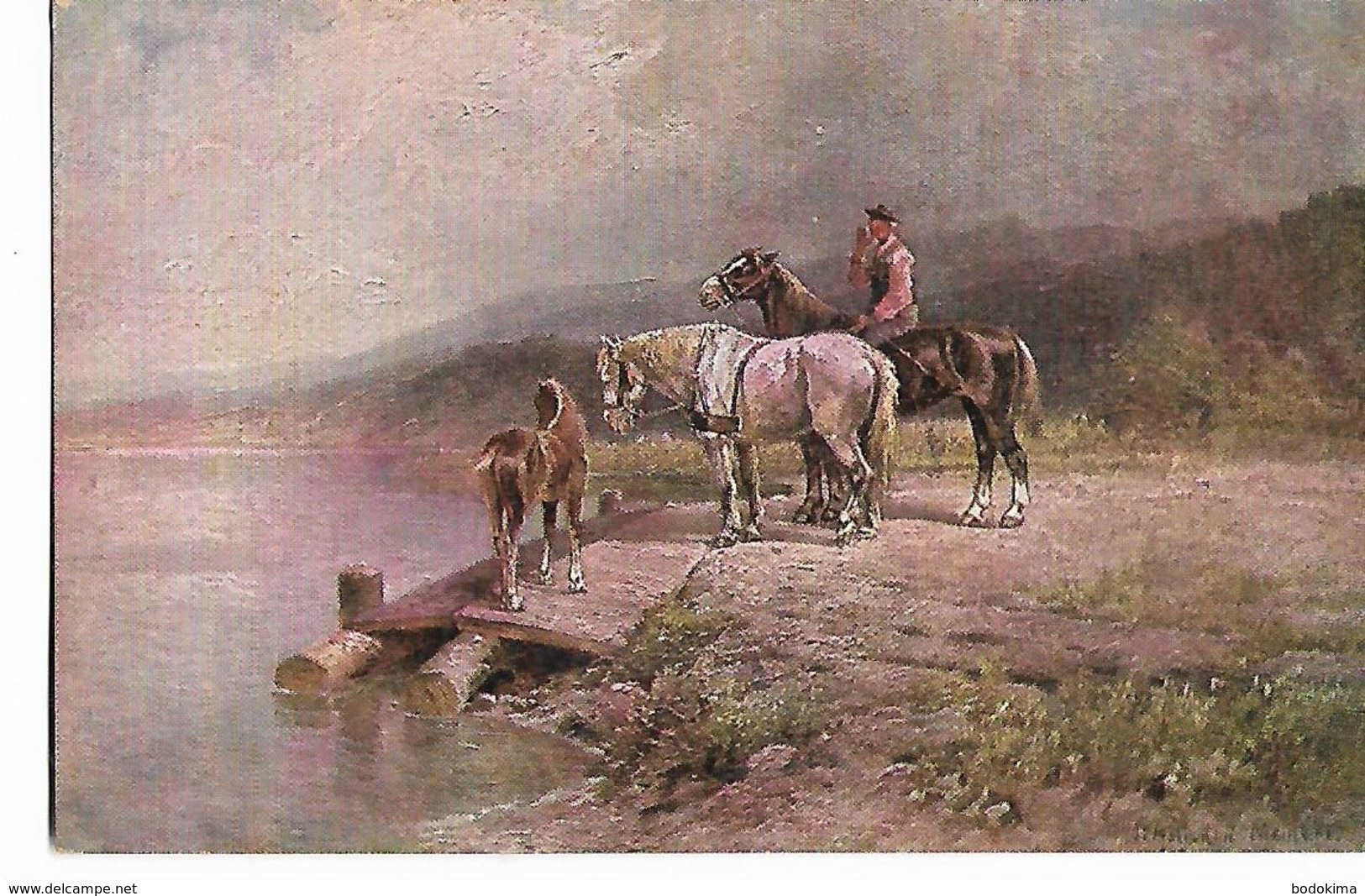 Signée  Indistinct  -    Lac  ,  Homme  Avec  2  Chevaux  Et  Un  Poulain - Autres & Non Classés