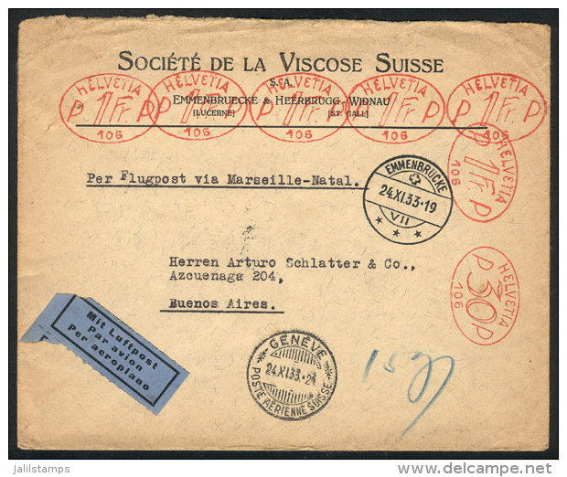 Airmail Cover Sent From Emmenbr&uuml;cke To Argentina On 24/NO/1933, With Meter Postage Of 6.30Fr., VF Quality! - Autres & Non Classés