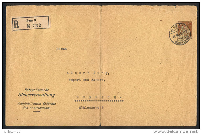 30c. Stationery Envelope Sent By Registered Mail From Bern To Z&uuml;rich On 24/MAR/1920, Vertical Central Crease... - Autres & Non Classés