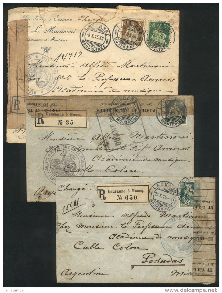 3 Covers Sent From Lausanne To Posadas (Argentina) In SEP And OC/1915, All With Interesting Swiss Censor Labels And... - Autres & Non Classés